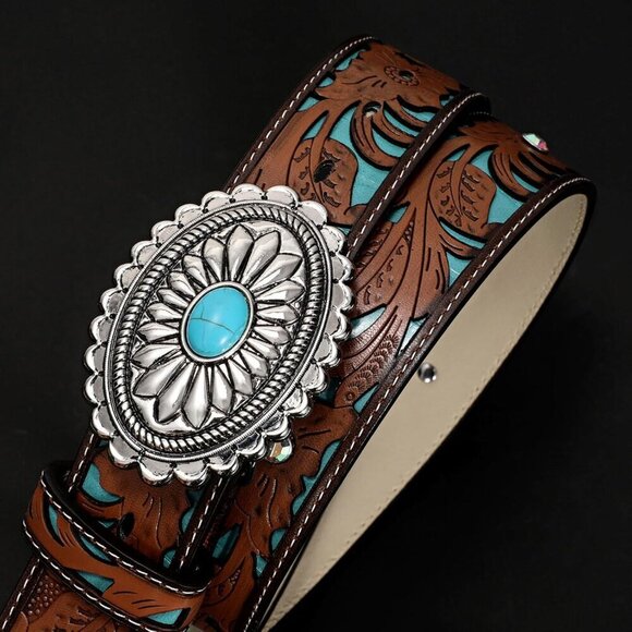 Women\'s Western Leather Belt Vintage Country Belt Cowgirl Jeans Turquoise Buckle